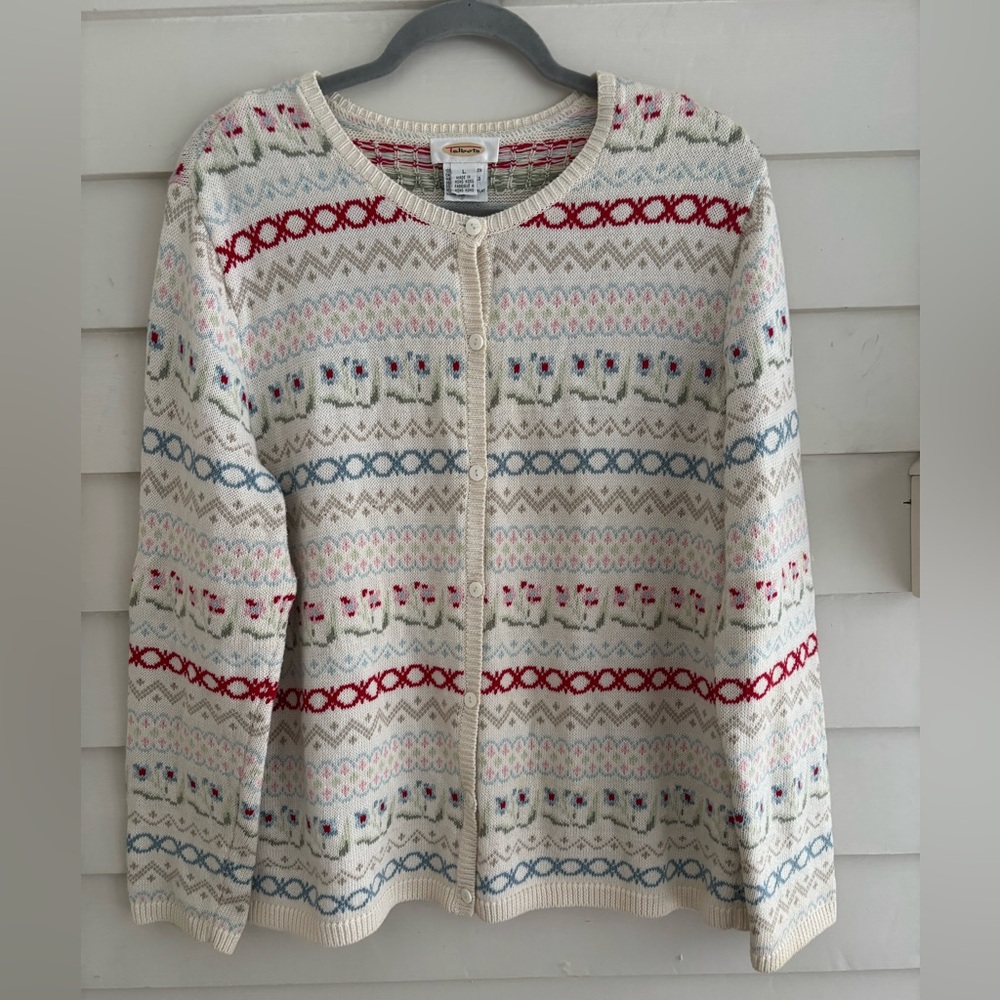 Talbots Vintage Cream Multicolor Floral Patterned Button Cardigan Sweater Large